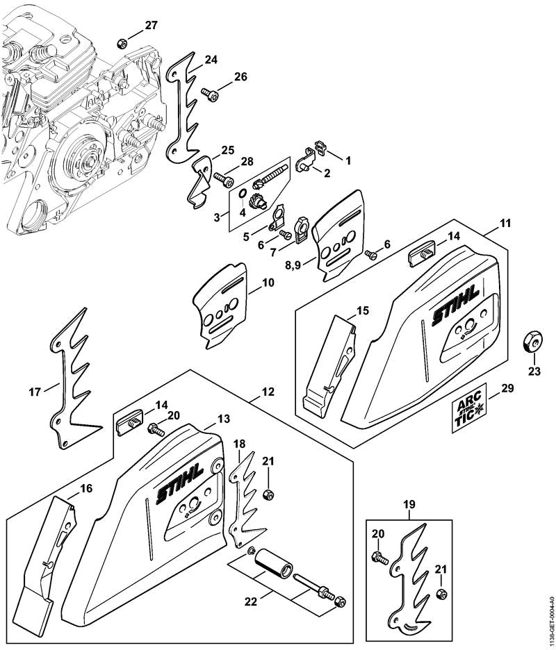STIHL 1138-664-1000 Seitenblech innen positie 10 technische tekening