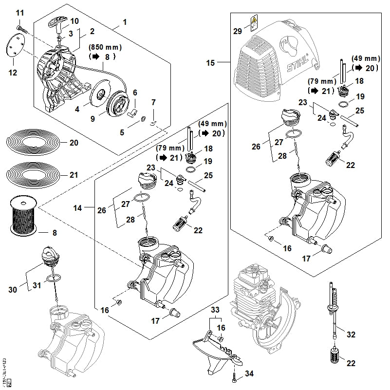 STIHL 4180-967-1521 Typenschild FS 130 R positie 12 technische tekening
