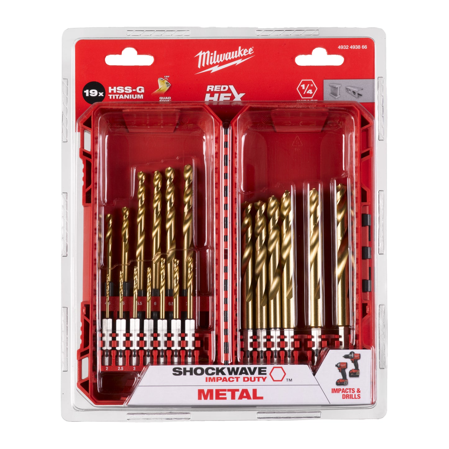 Milwaukee Metallbohrer-Set Shockwave HSS-G TiN Red Hex - 19-teilig Packung