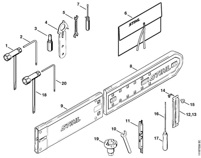 STIHL 1107-890-3400 Kombischlüssel positie 18 technische tekening