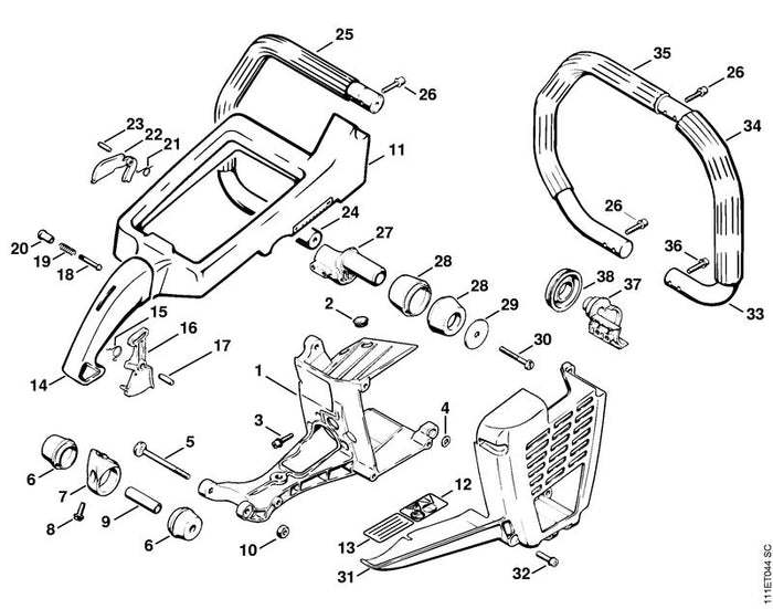 STIHL 1111-182-1002 Gashebel positie 16 technische tekening