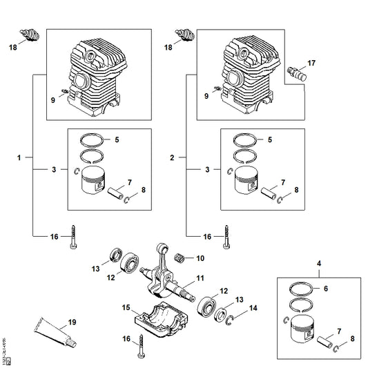 STIHL 1123-020-1206 Zylinder mit Kolben Ø 42,5 mm positie 1 technische tekening