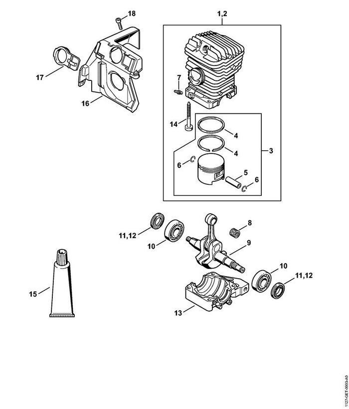 STIHL 1127-020-1217 Zylinder mit Kolben Ø 46 mm positie 1 technische tekening
