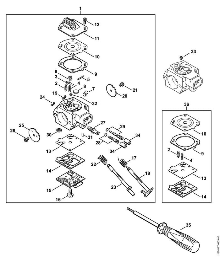 STIHL 1127-122-6800 Leerlaufstellschraube positie 29 technische tekening
