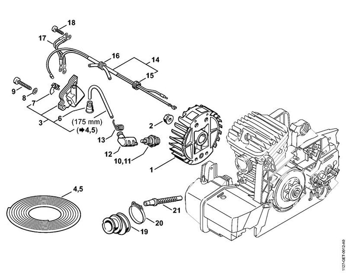 STIHL 1127-141-2200 Krümmer positie 19 technische tekening