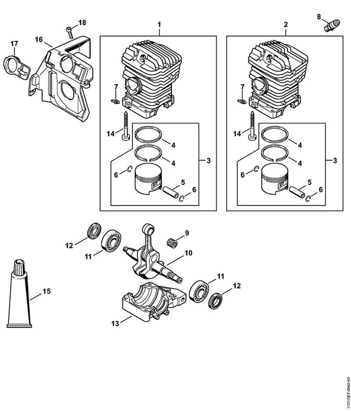 STIHL 1127-020-1218 Zylinder mit Kolben Ø 47 mm positie 2 technische tekening