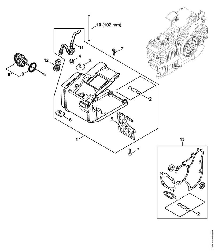 STIHL 1129-350-0851 Tankgehäuse positie 1 technische tekening