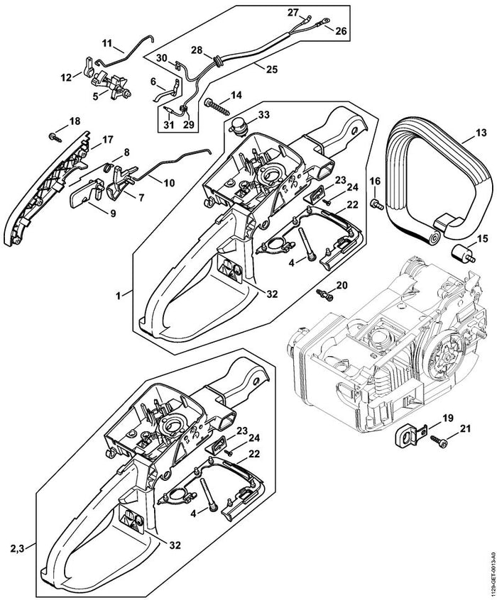 STIHL 1129-790-1016 Griffgehäuse positie 1 technische tekening