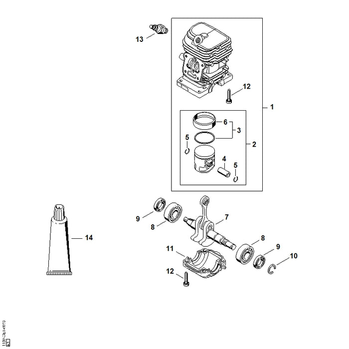 STIHL 1130-020-1212 Zylinder mit Kolben Ø 37 mm positie 1 technische tekening