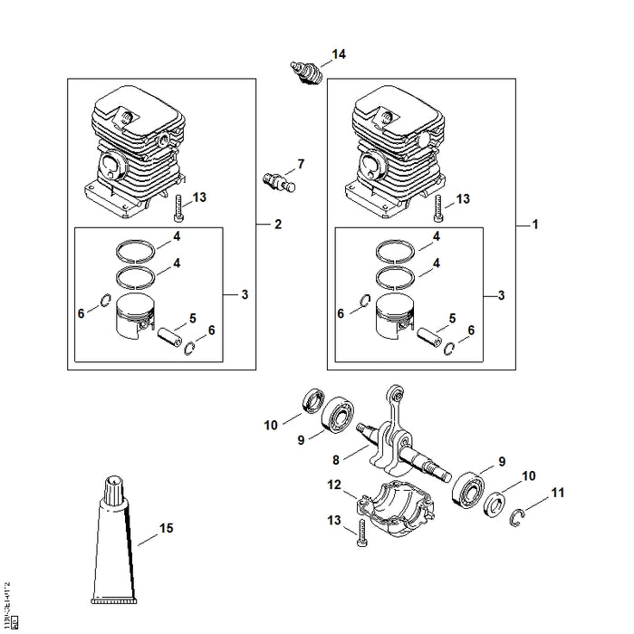 STIHL 1130-020-1208 Zylinder mit Kolben Ø 38 mm positie 1 technische tekening
