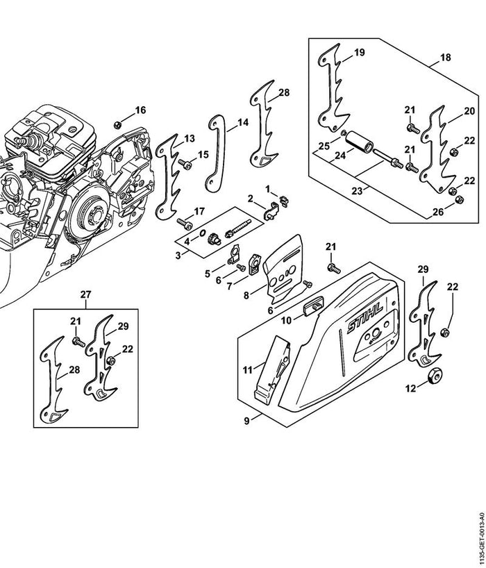 STIHL 1135-650-7700 Kettenfänger positie 23 technische tekening