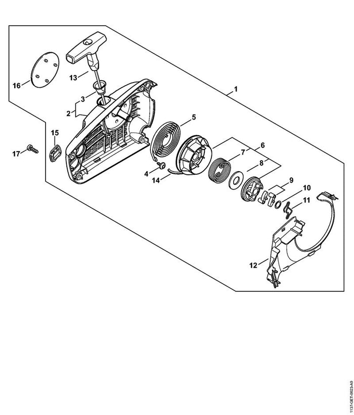 STIHL 1137-080-2117 Lüftergehäuse mit Anwerfvorrichtung positie 1 technische tekening