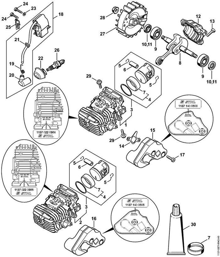 STIHL 1137-020-1206 Zylinder mit Kolben Ø 37 mm positie 2 technische tekening
