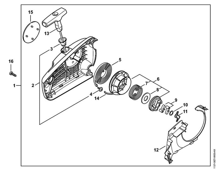 STIHL 1137-080-2111 Lüftergehäuse mit Anwerfvorrichtung positie 1 technische tekening