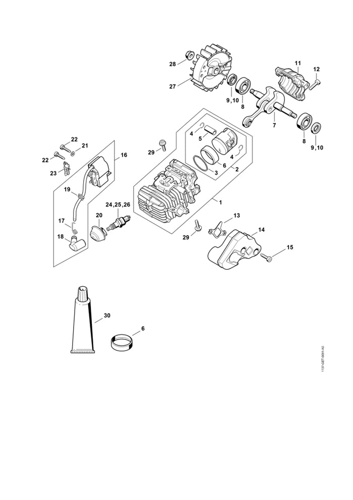 STIHL 1137-020-1210 Zylinder mit Kolben Ø 38 mm positie 1 technische tekening