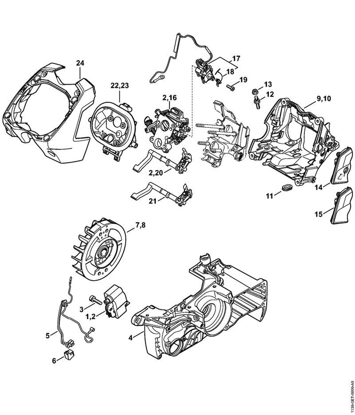 STIHL 1138-007-1008 Satz Steuergerät/Vergaser positie 2 technische tekening