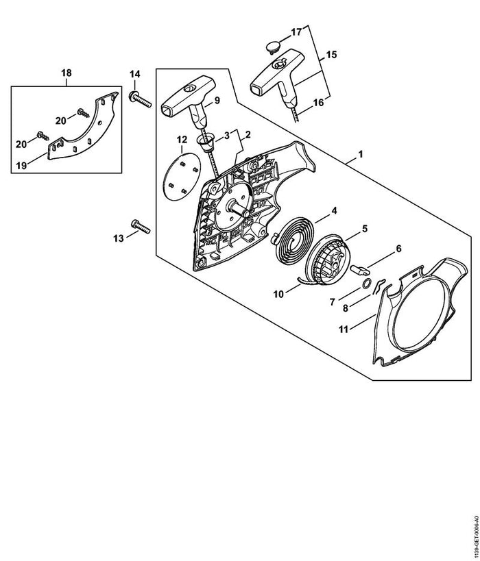 STIHL 1139-080-2102 Lüftergehäuse mit Anwerfvorrichtung positie 1 technische tekening