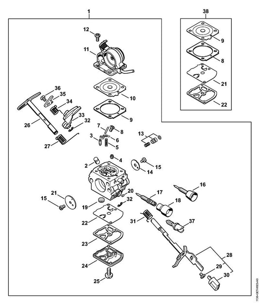 STIHL 1139-121-3300 Drosselklappe positie 14 technische tekening