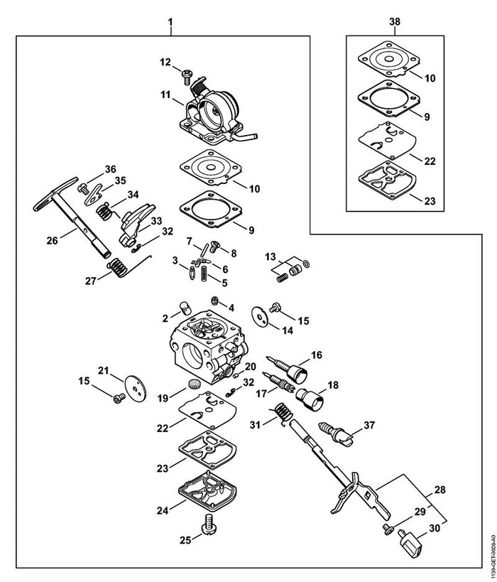STIHL 1139-120-7200 Startwelle mit Hebel positie 26 technische tekening