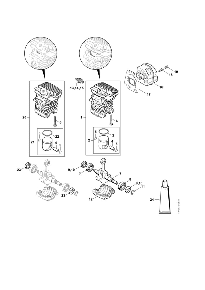 STIHL 1139-020-1205 Zylinder mit Kolben Ø 40 mm positie 1 technische tekening