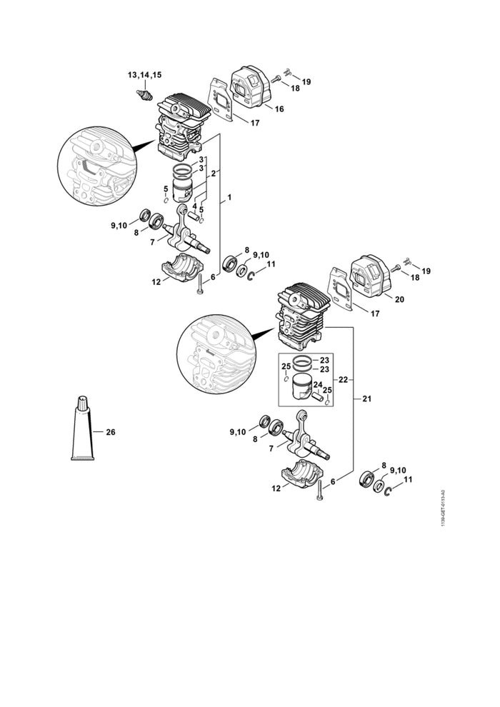 STIHL 1139-020-1203 Zylinder mit Kolben Ø 38 mm positie 1 technische tekening