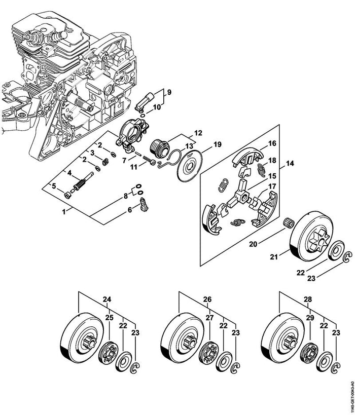 STIHL 1140-640-2000 Kettenrad 3/8" 7Z positie 21 technische tekening