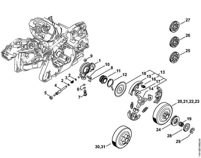 STIHL 1141-007-1003 Satz Ringkettenrad 0.325" 8Z positie 21 technische tekening