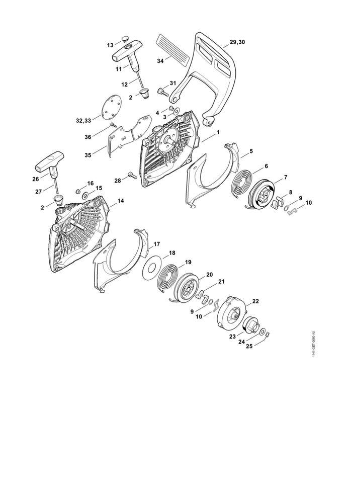 STIHL 1141-080-2104 Lüftergehäuse mit Anwerfvorrichtung positie -1 technische tekening