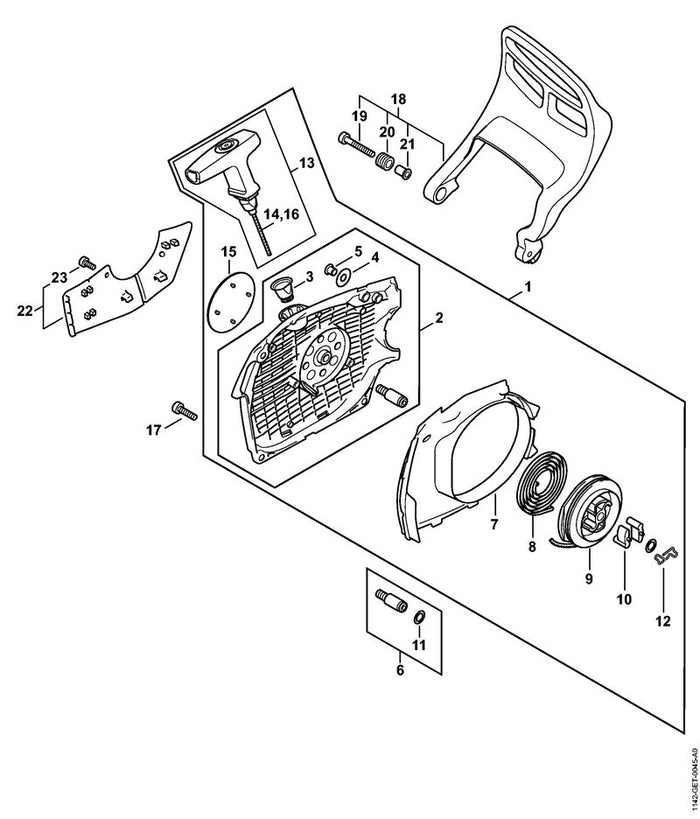 STIHL 1142-080-2102 Lüftergehäuse mit Anwerfvorrichtung positie 1 technische tekening