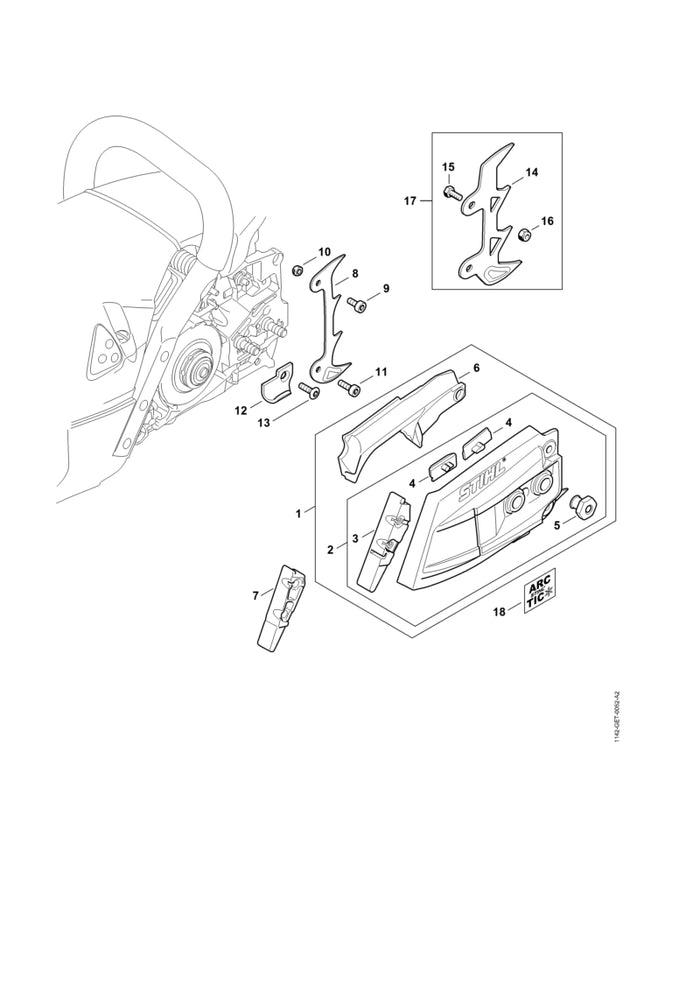 STIHL 1142-640-1706 Kettenraddeckel positie 1 technische tekening