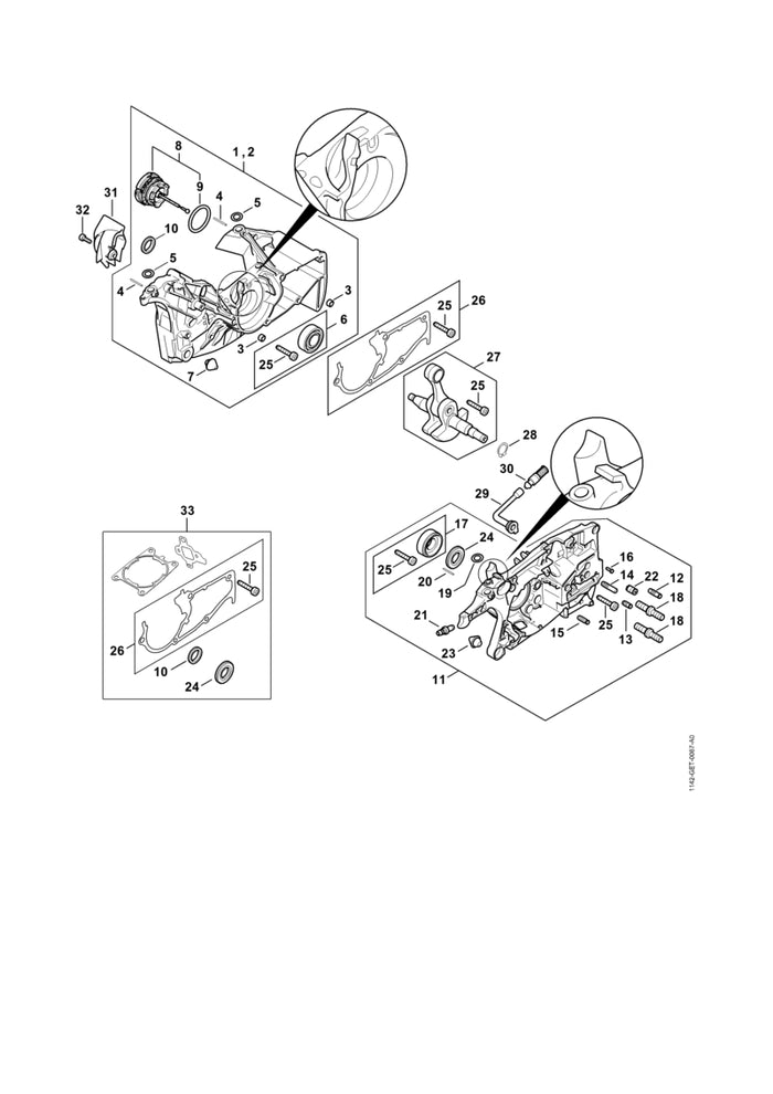 STIHL 1142-020-2601 Kurbelgehäusehälfte Lüfterseite positie 1 technische tekening
