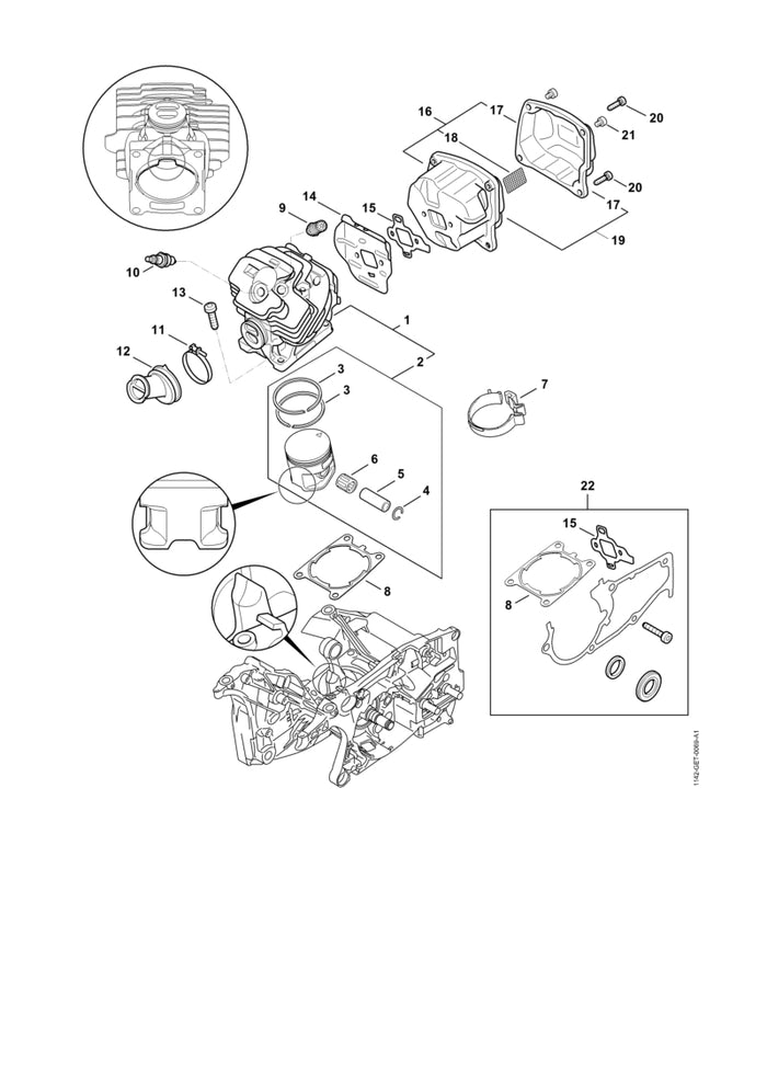 STIHL 1142-020-1201 Zylinder mit Kolben Ø 52 mm positie 1 technische tekening