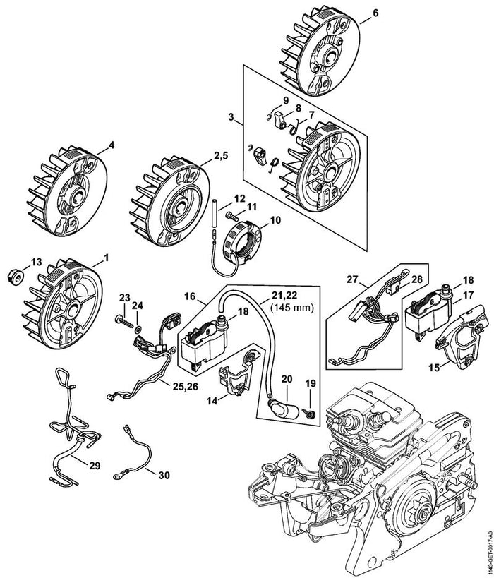 STIHL 1143-400-1204 Schwungrad positie 1 technische tekening
