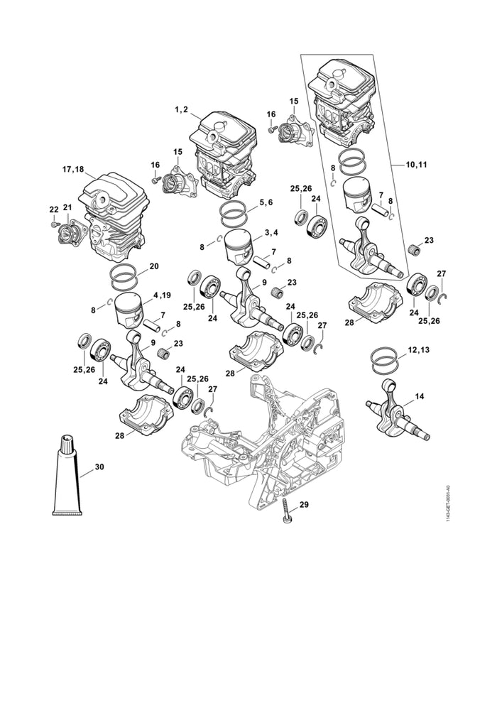 STIHL 1143-020-1203 Zylinder mit Kolben Ø 44 mm positie 18 technische tekening
