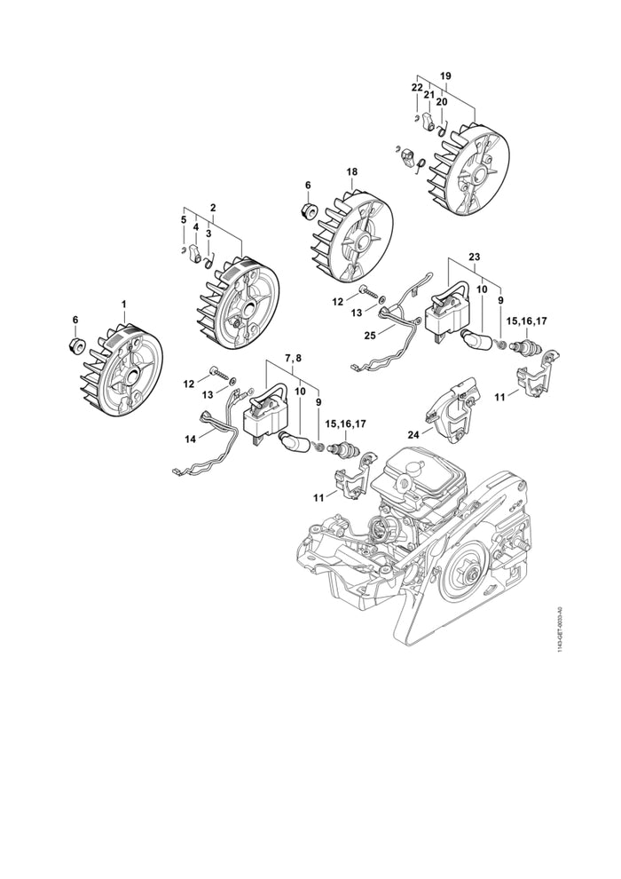 STIHL 1143-400-1203 Schwungrad positie 1 technische tekening