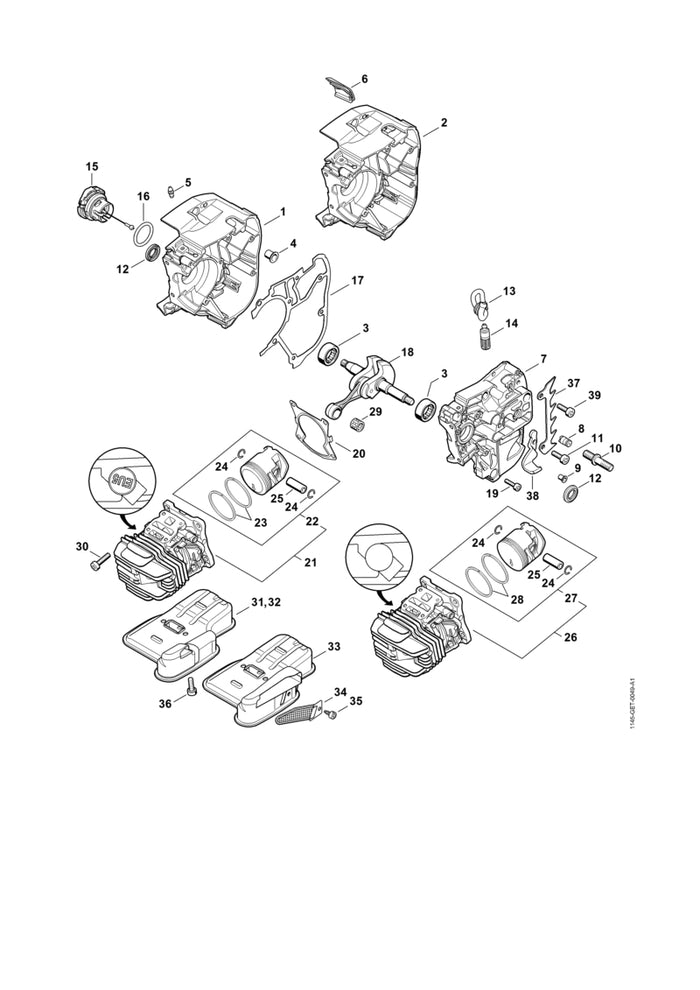 STIHL 1145-020-1200 Zylinder mit Kolben Ø 40 mm positie 26 technische tekening