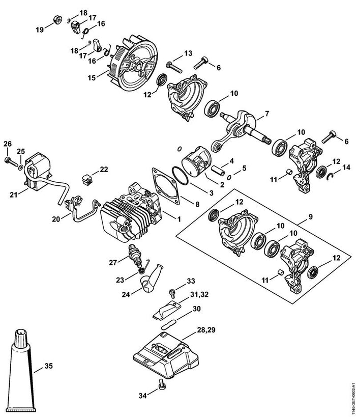 STIHL 1146-020-1200 Zylinder mit Kolben Ø 34 mm positie 1 technische tekening