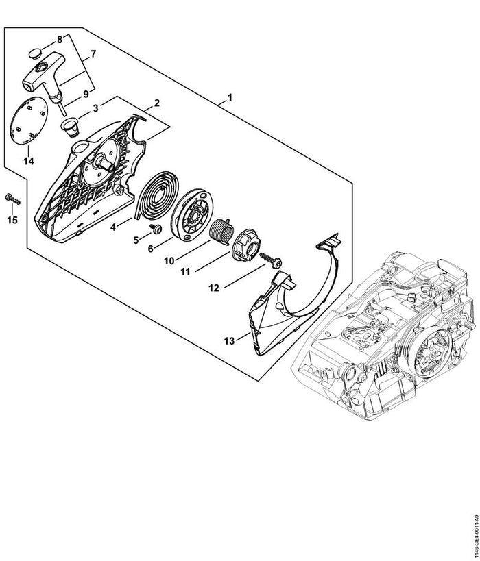 STIHL 1146-080-2102 Lüftergehäuse mit Anwerfvorrichtung positie 1 technische tekening