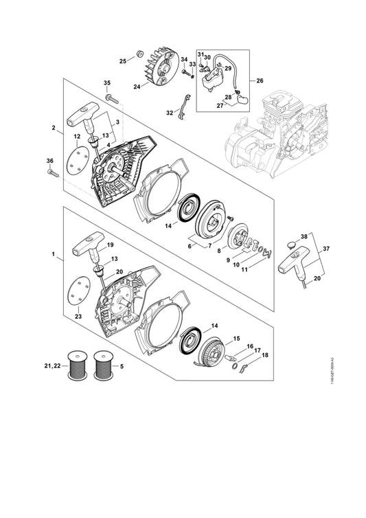 STIHL 0000-190-3504 Griff mit Anwerfseil positie 3 technische tekening