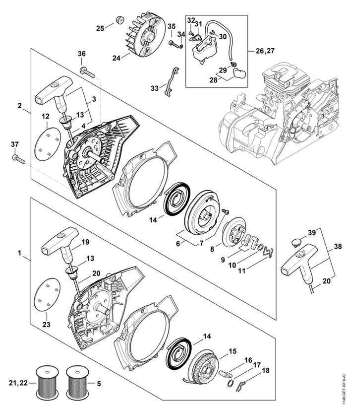 STIHL 1148-080-2106 Lüftergehäuse mit Anwerfvorrichtung positie 1 technische tekening