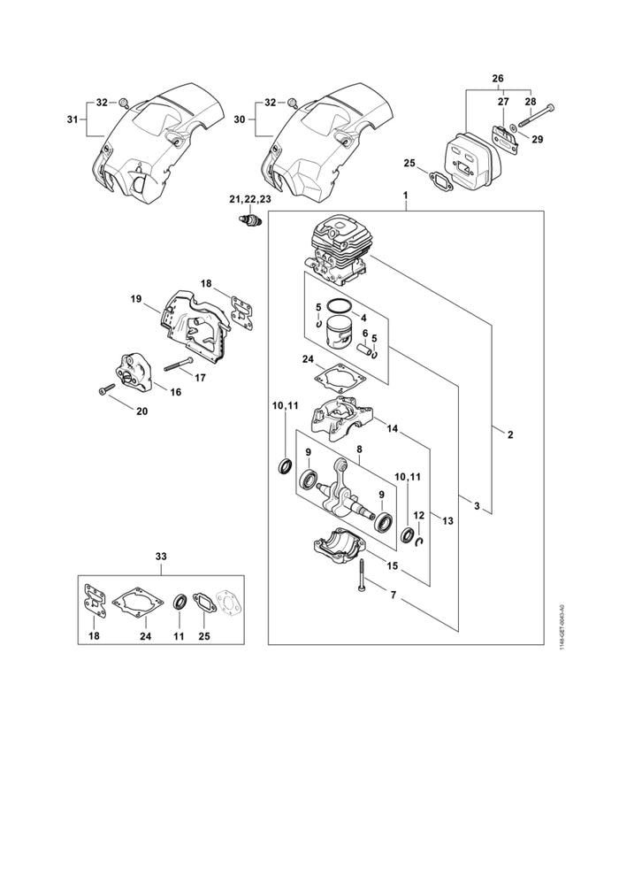 STIHL 1148-020-0205 Triebwerk positie 1 technische tekening