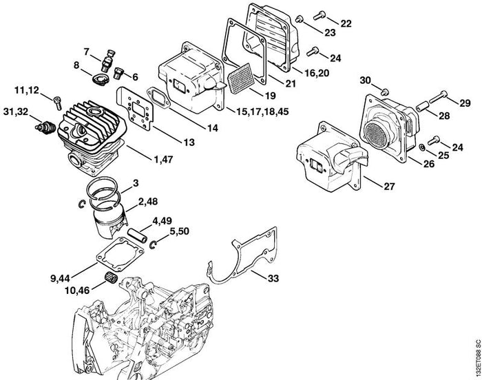 STIHL 1128-020-1227 Zylinder mit Kolben Ø 50 mm positie 1 technische tekening