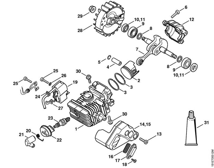 STIHL 1137-020-1202 Zylinder mit Kolben Ø 37 mm positie 1 technische tekening