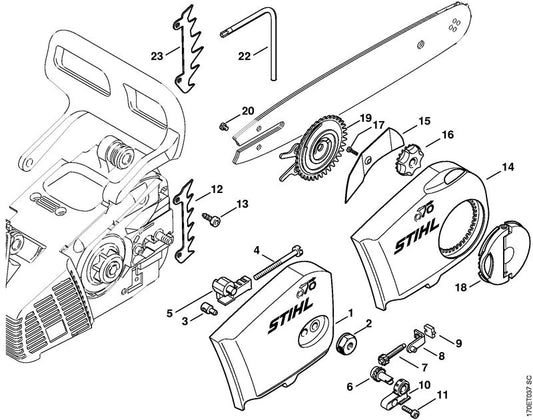 STIHL 1123-007-1004 Satz Stirnrad / Spannschraube positie -1 technische tekening