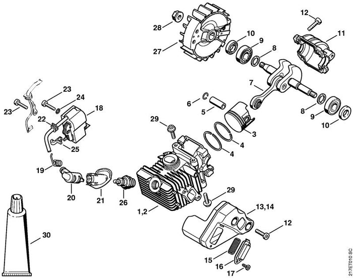 STIHL 1137-020-1203 Zylinder mit Kolben Ø 37 mm positie 1 technische tekening