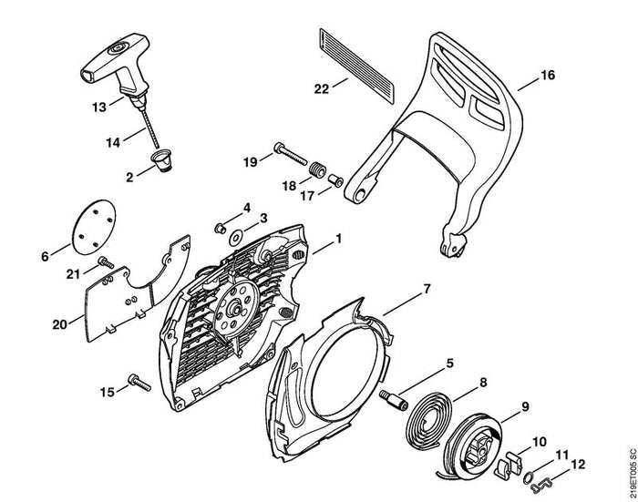 STIHL 1138-080-2150 Lüftergehäuse mit Anwerfvorrichtung positie -1 technische tekening