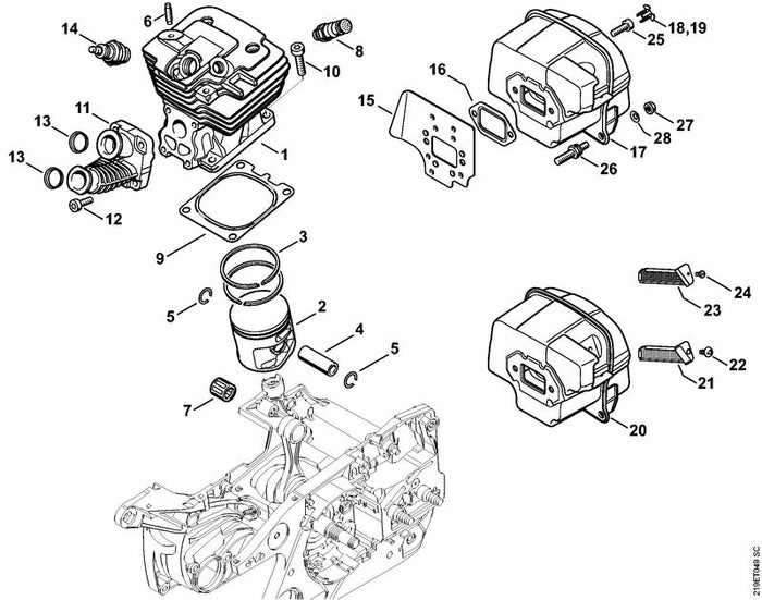 STIHL 1138-020-1201 Zylinder mit Kolben Ø 50 mm positie 1 technische tekening