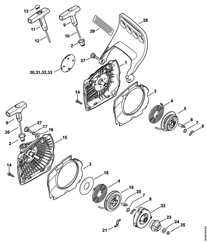 STIHL 1143-080-2107 Lüftergehäuse mit Anwerfvorrichtung positie -1 technische tekening