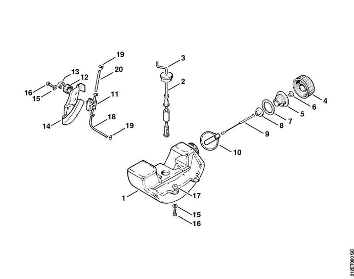 STIHL 4112-351-0400 Kraftstofftank positie 1 technische tekening