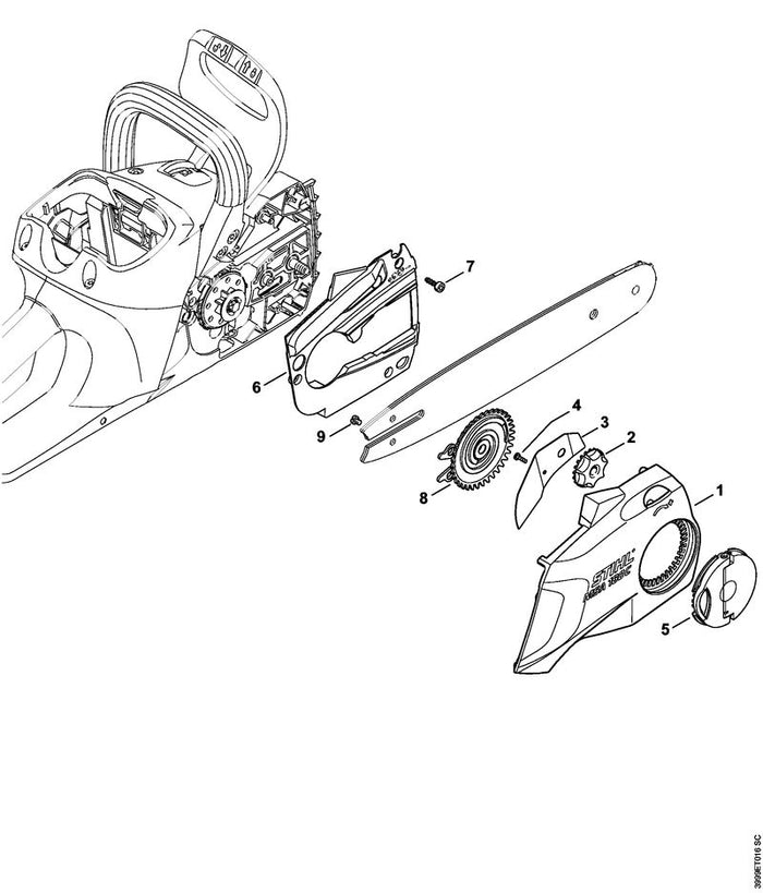 STIHL 1250-640-1703 Kettenraddeckel positie 1 technische tekening